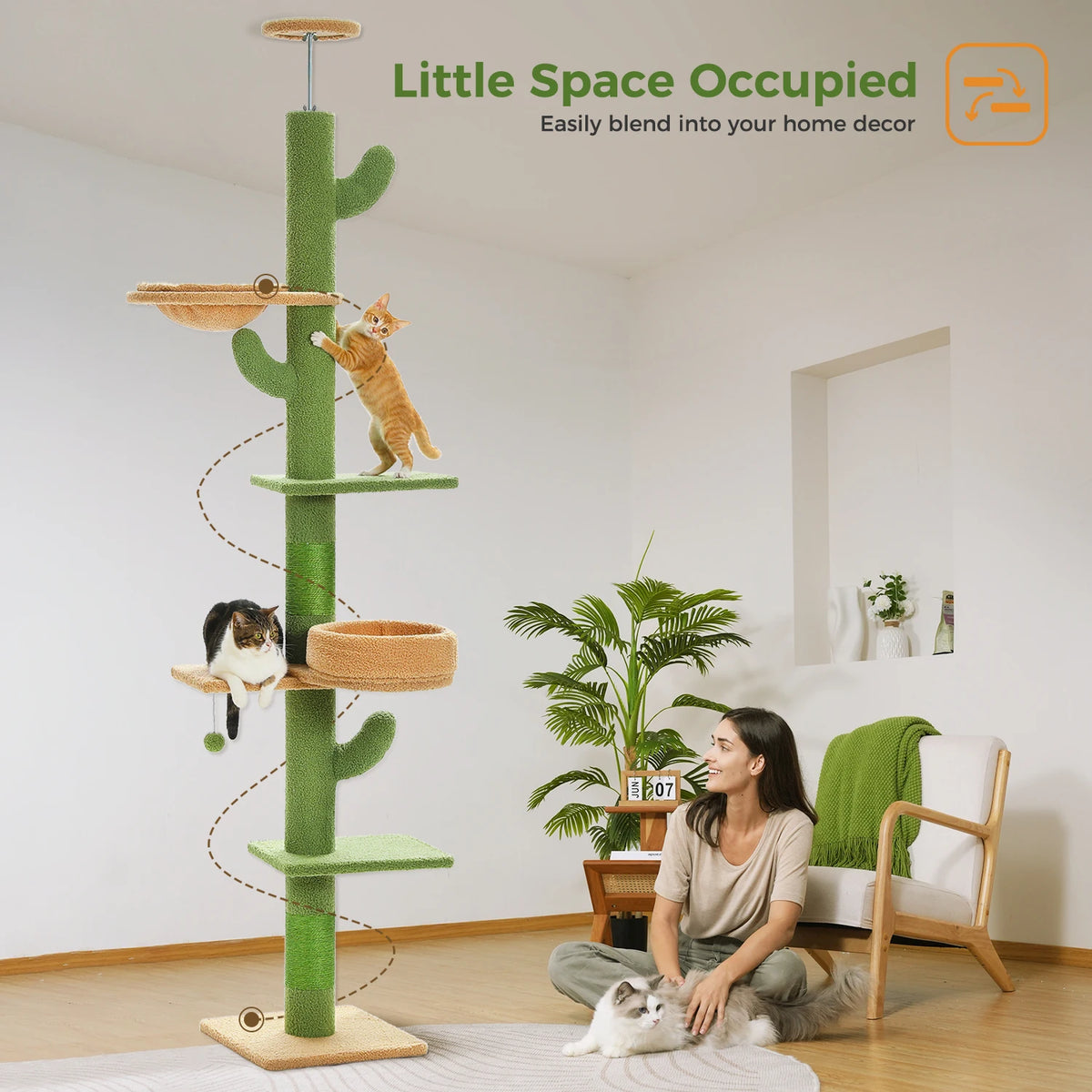 Adjustable Cactus-Shaped Floor-to-Ceiling Cat Tree with Hammock