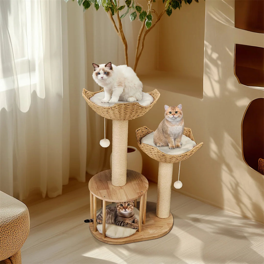 Three-Tier Cat Climbing Tower with Scratching Post and Cat Condo