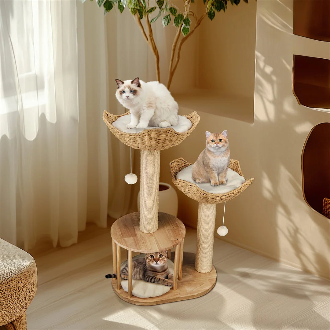 Three-Tier Indoor Cat Climbing Tree with Condo, Baskets, and Scratching Post