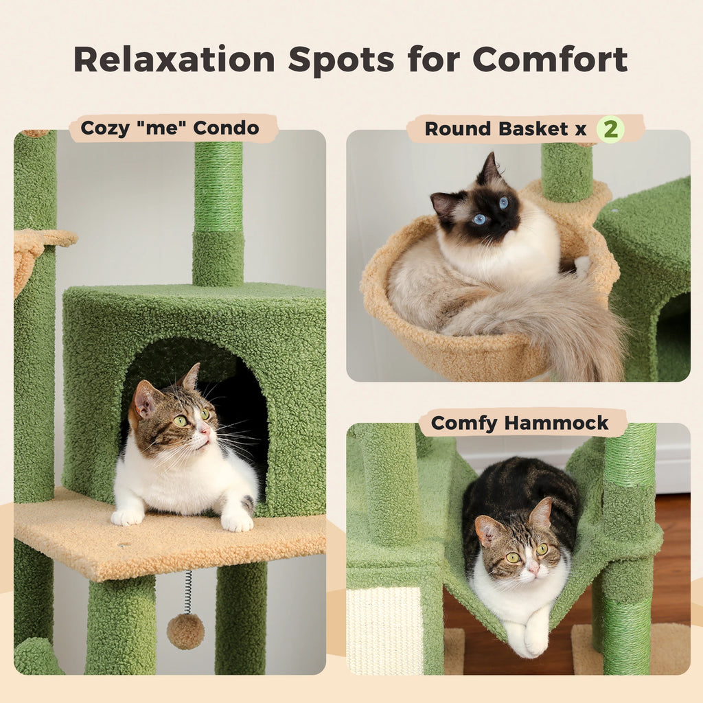 Cactus-Shaped Floor-to-Ceiling Cat Climbing Tower with Hammocks