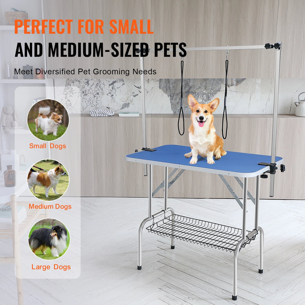 Foldable Dog Grooming Table with Dual Arms and Storage Shelf