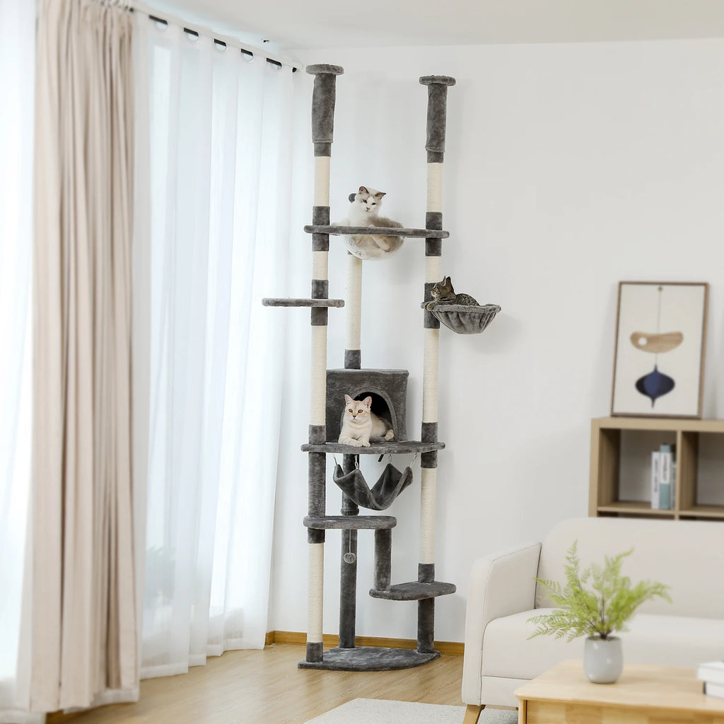Adjustable Floor-to-Ceiling Cat Climbing Tower with Cactus Condo
