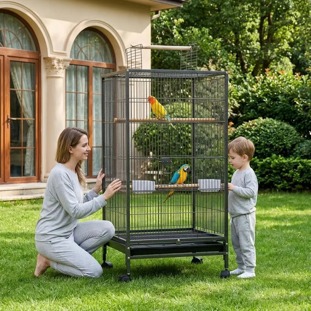 Bird Cage with Open Playtop, Perches, and Locking Wheels