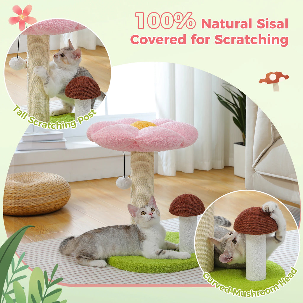 Small Cat Scratcher with Flower Perch and Hanging Pom-Pom Toy