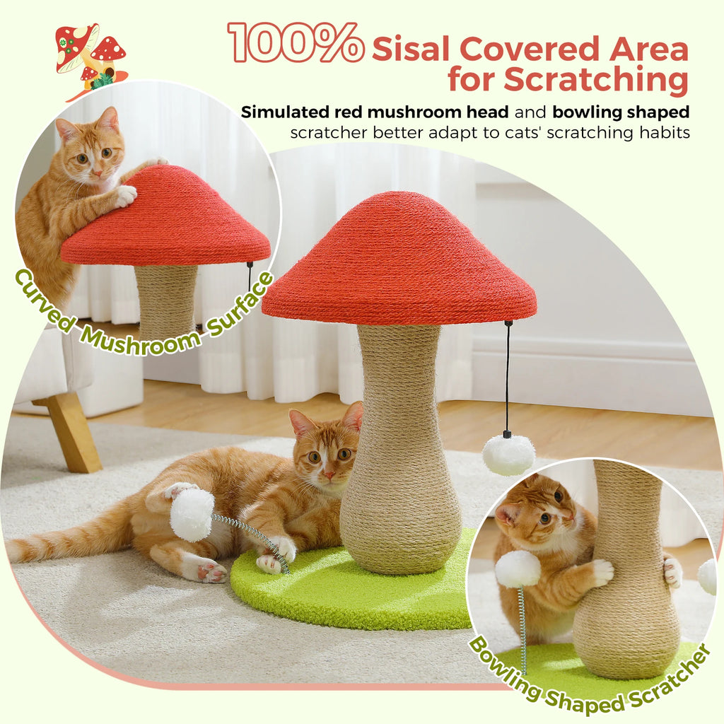 Cute Mushroom Cat Scratching Post with Sisal Surface and Pompom Toys