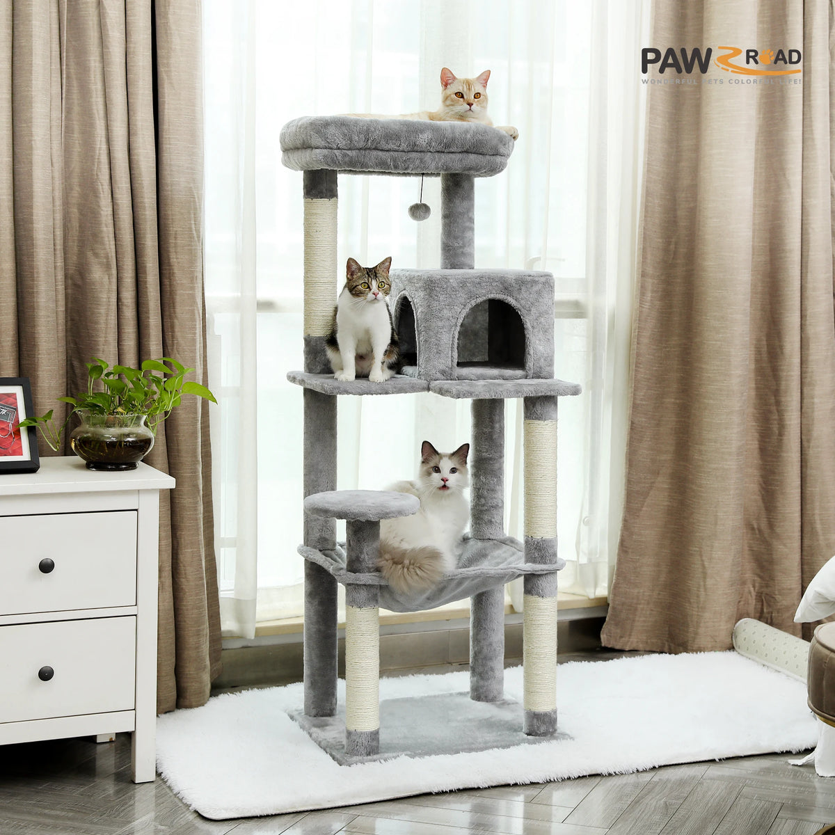 Five-Level Indoor Cat Tower with Hammock, Condo, and Top Perch