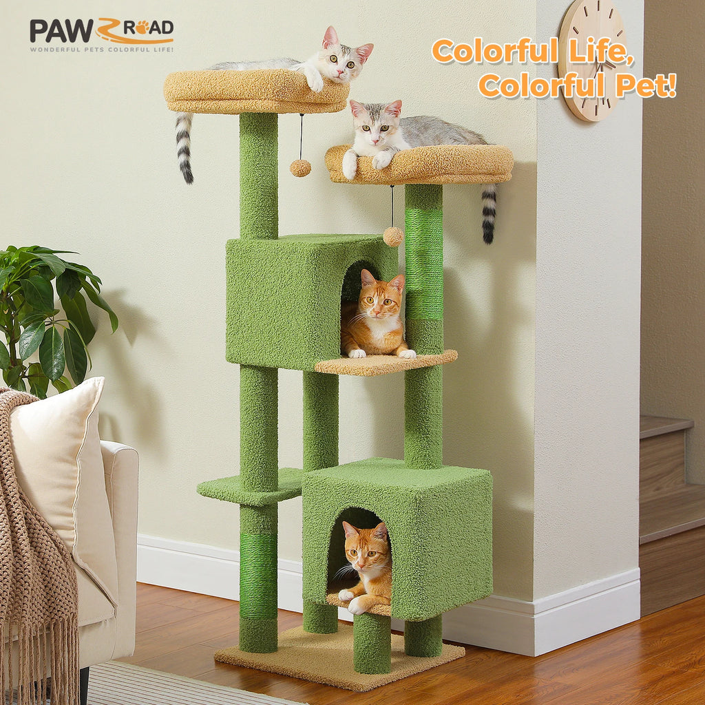 Indoor Cat Tower with Two Condos, Perches, and Scratching Posts