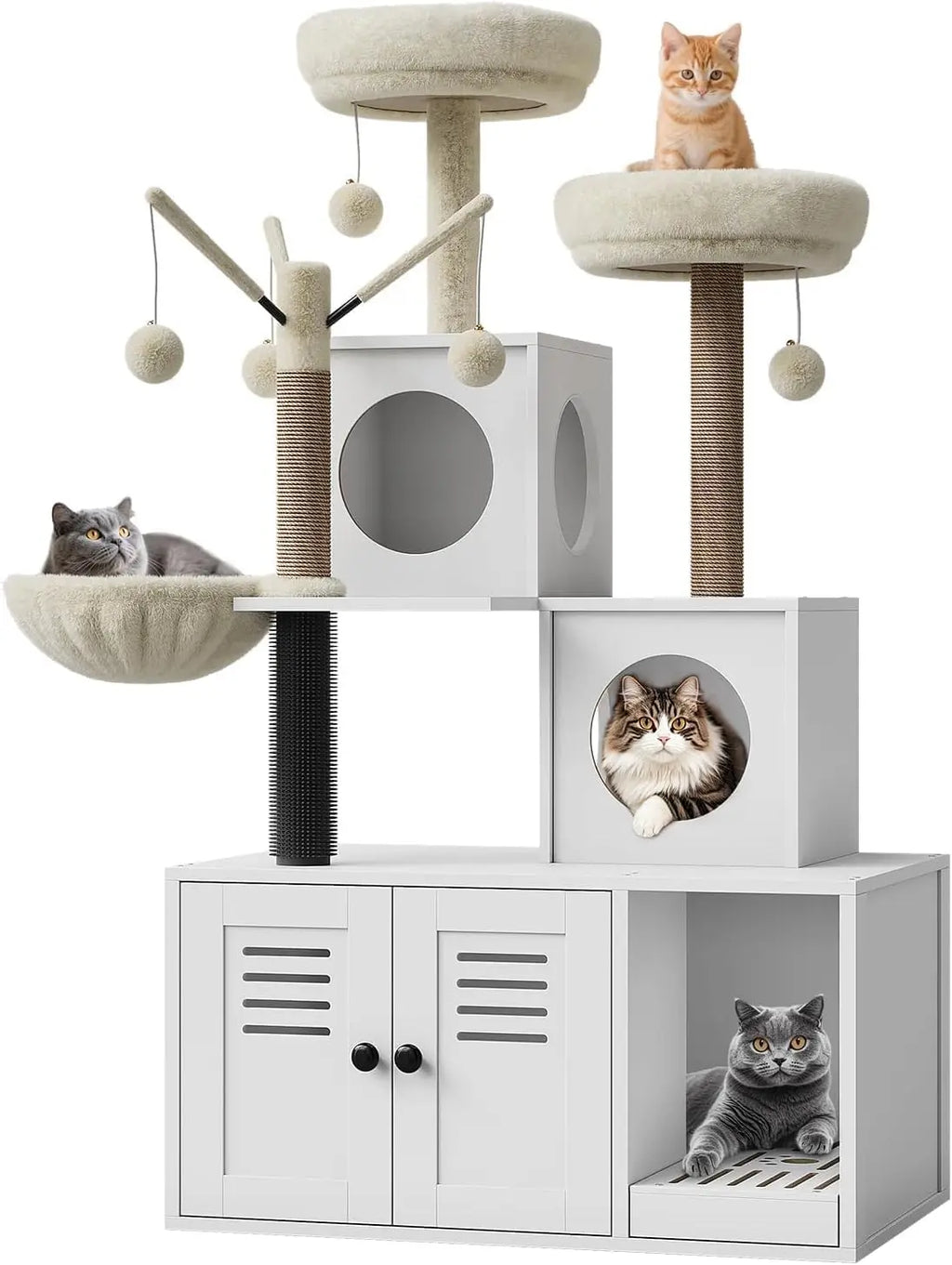 Multi-Level Cat Tower with Hidden Litter Box Cabinet, Soft Perch, and Scratching Posts