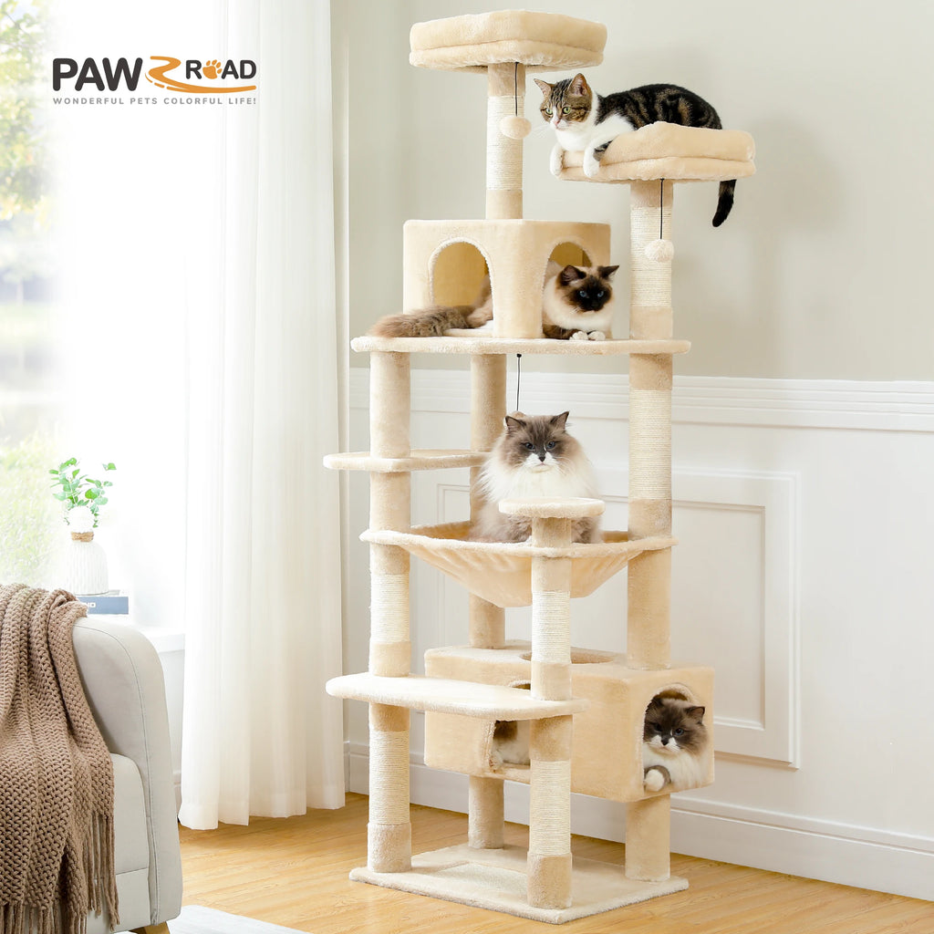 Multi-Level Cat Climbing Tower with Scratching Posts and Hammock