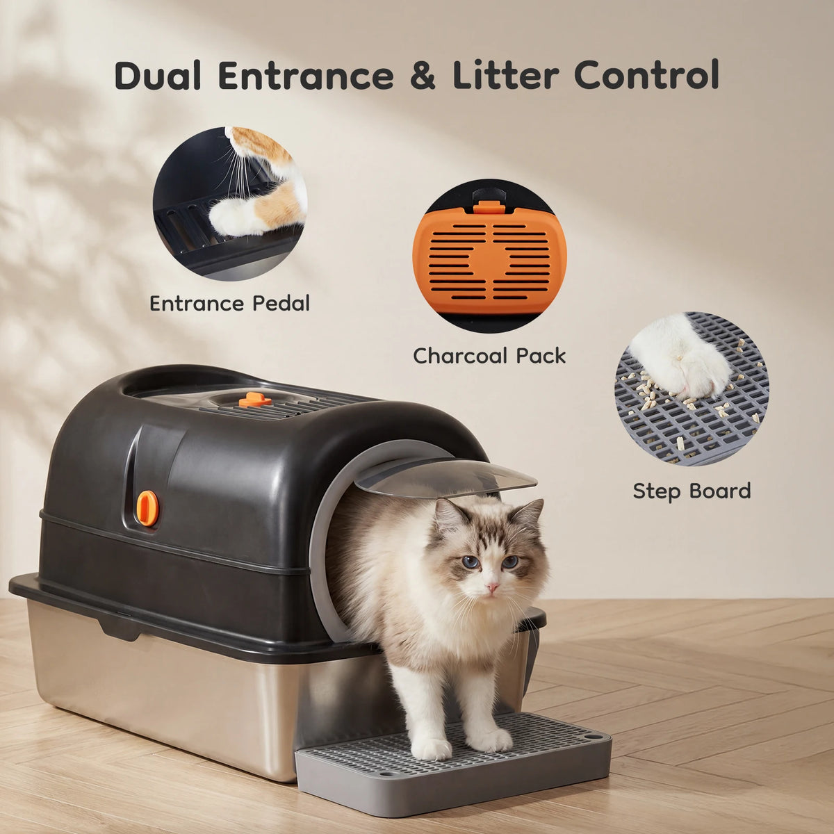 Convertible Enclosed Cat Litter Box with Dual Entry and Step Board
