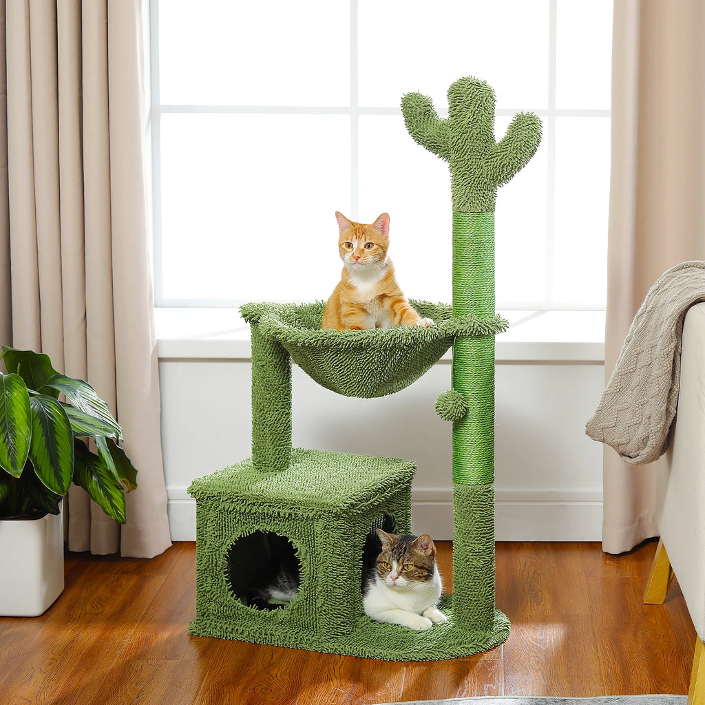 Cactus-Shaped Cat Tower with Condo, Hammock, and Scratching Post