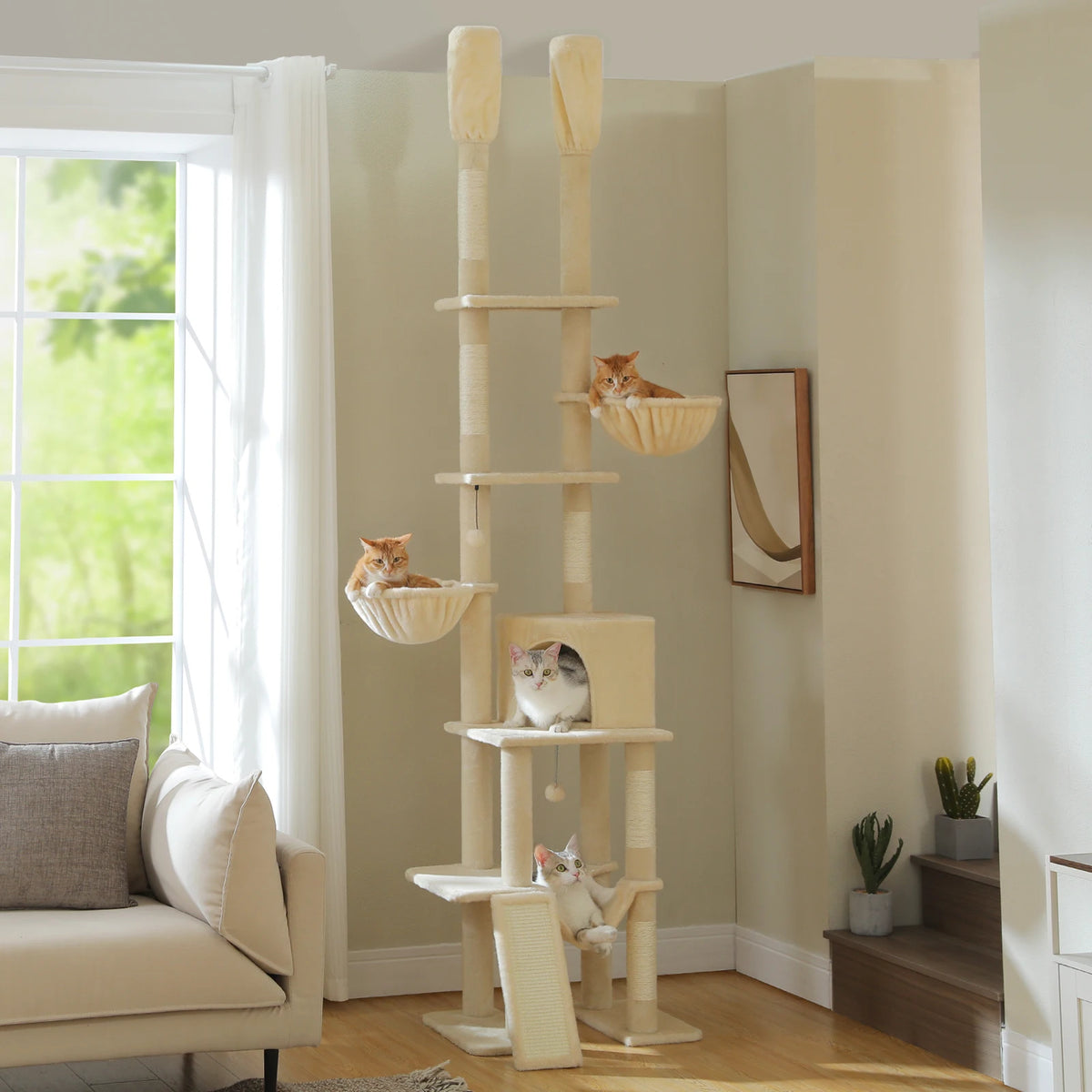 Cactus-Shaped Floor-to-Ceiling Cat Climbing Tower with Hammocks