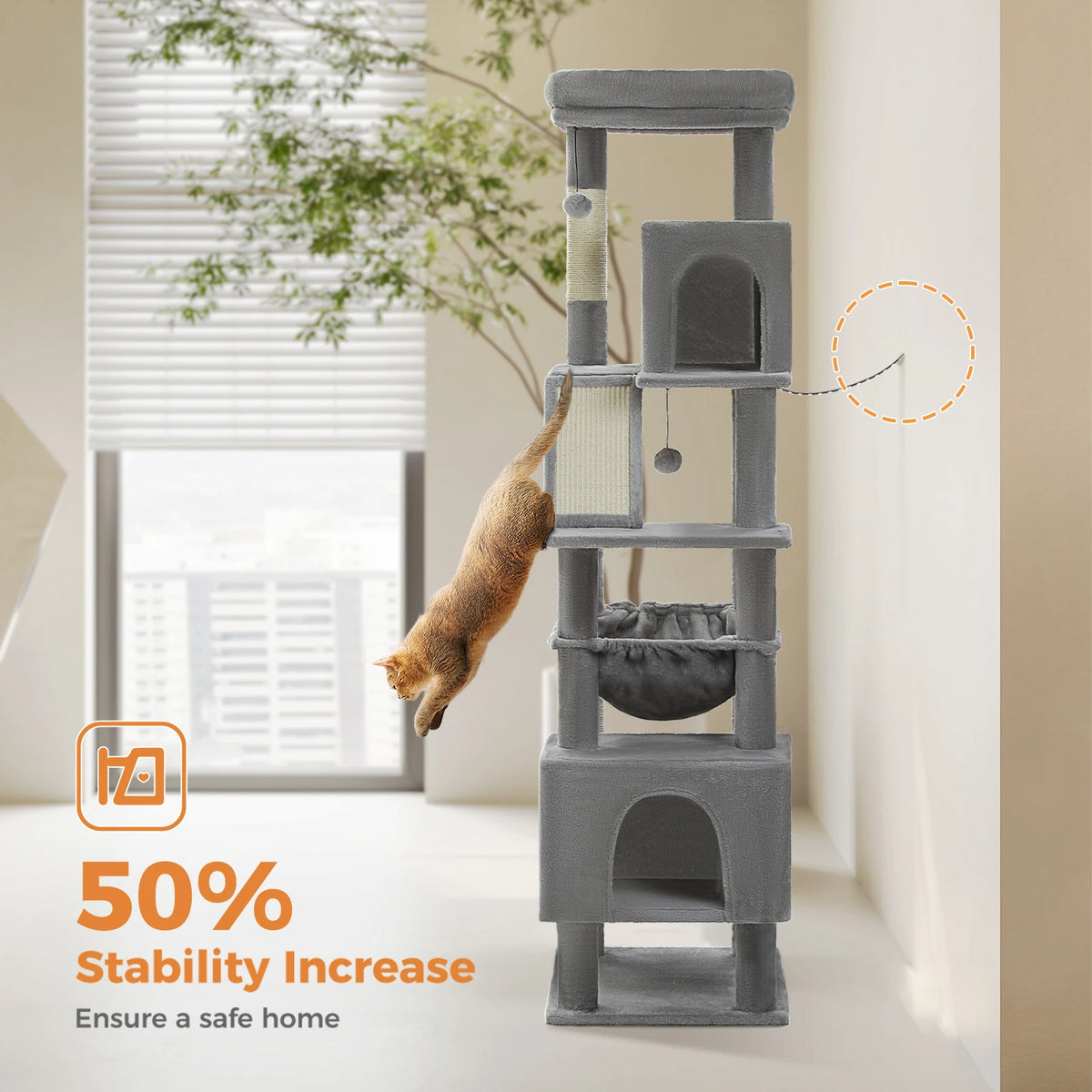 Tall Multi-Level Cat Tower for Large Cats with Two Condos and Scratching Posts