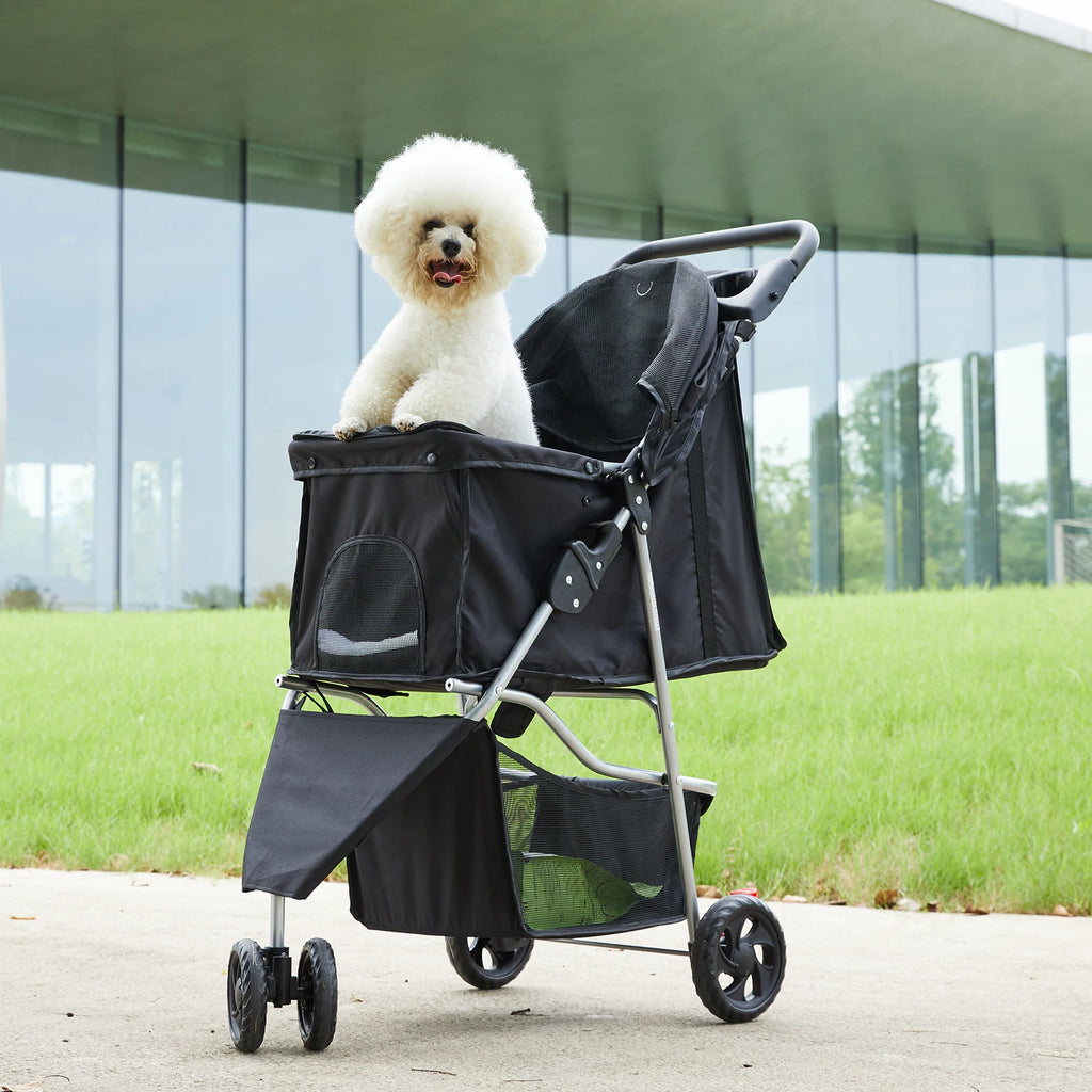 Foldable 3-Wheel Pet Stroller with Mesh Cabin, Basket, and Cup Holders