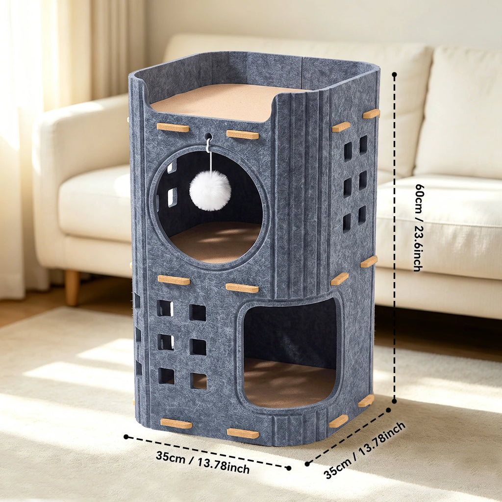 Two-Tier Detachable Cat Condo with Double Cave and Hanging Toy