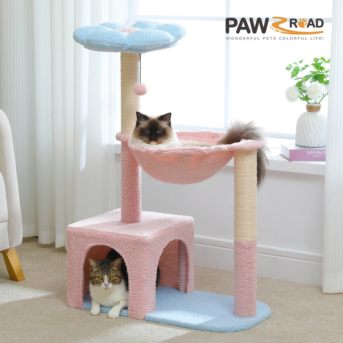 Flower-Shaped Cat Tower with Hammock, Condo, and Scratching Posts