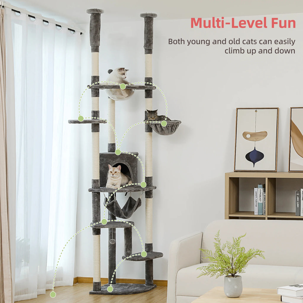 Adjustable Floor-to-Ceiling Cat Tree with Condo, Hammock, and Perches
