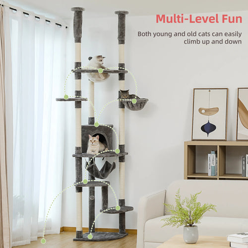 Adjustable Floor-to-Ceiling Cat Tree with Condo, Hammock, and Perches