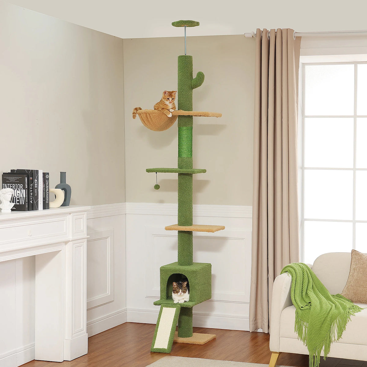 Cactus-Shaped Floor-to-Ceiling Cat Tower with Hammock and Scratching Post