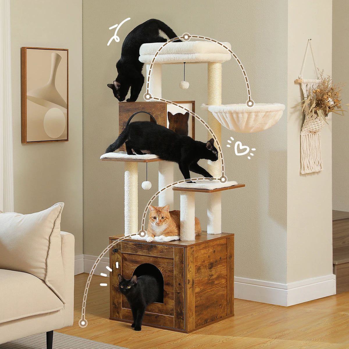 Multi-Level Indoor Cat Tower with Litter Box Cabinet and Hammock