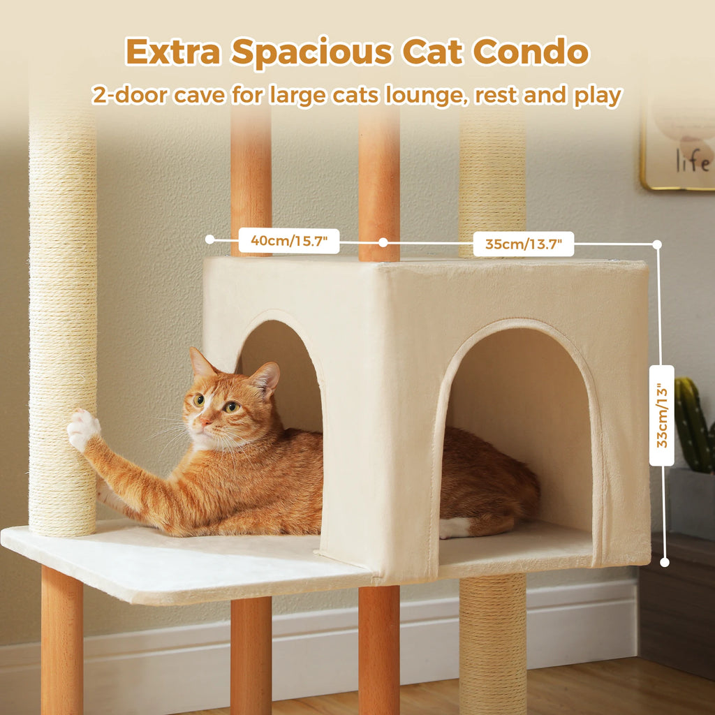 Multi-Level Wooden Cat Tower with Large Condo and Sisal Posts