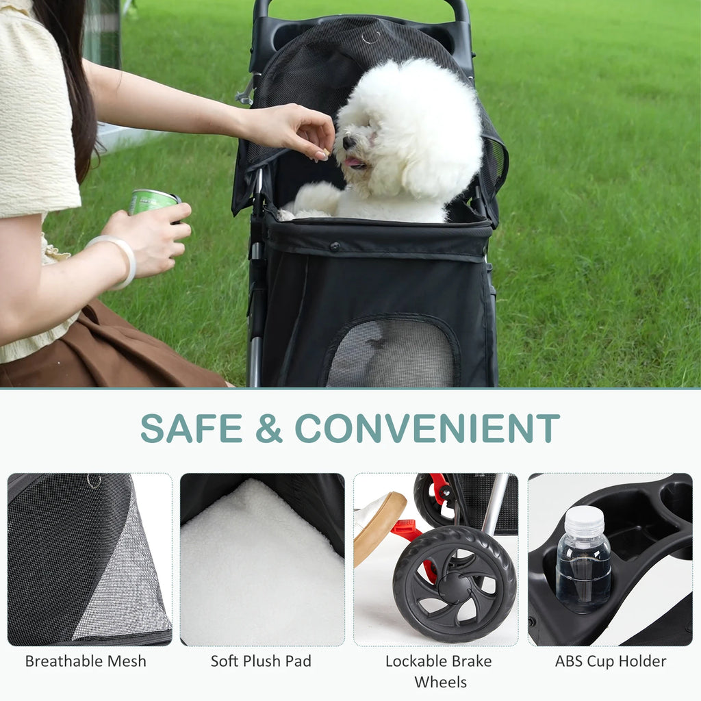 Foldable 3-Wheel Pet Stroller with Mesh Cabin, Basket, and Cup Holders