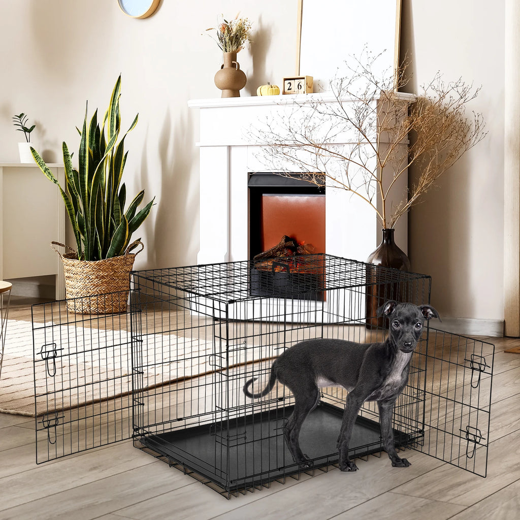 Folding Double Door Wire Dog Crate with Leak-Proof Pan
