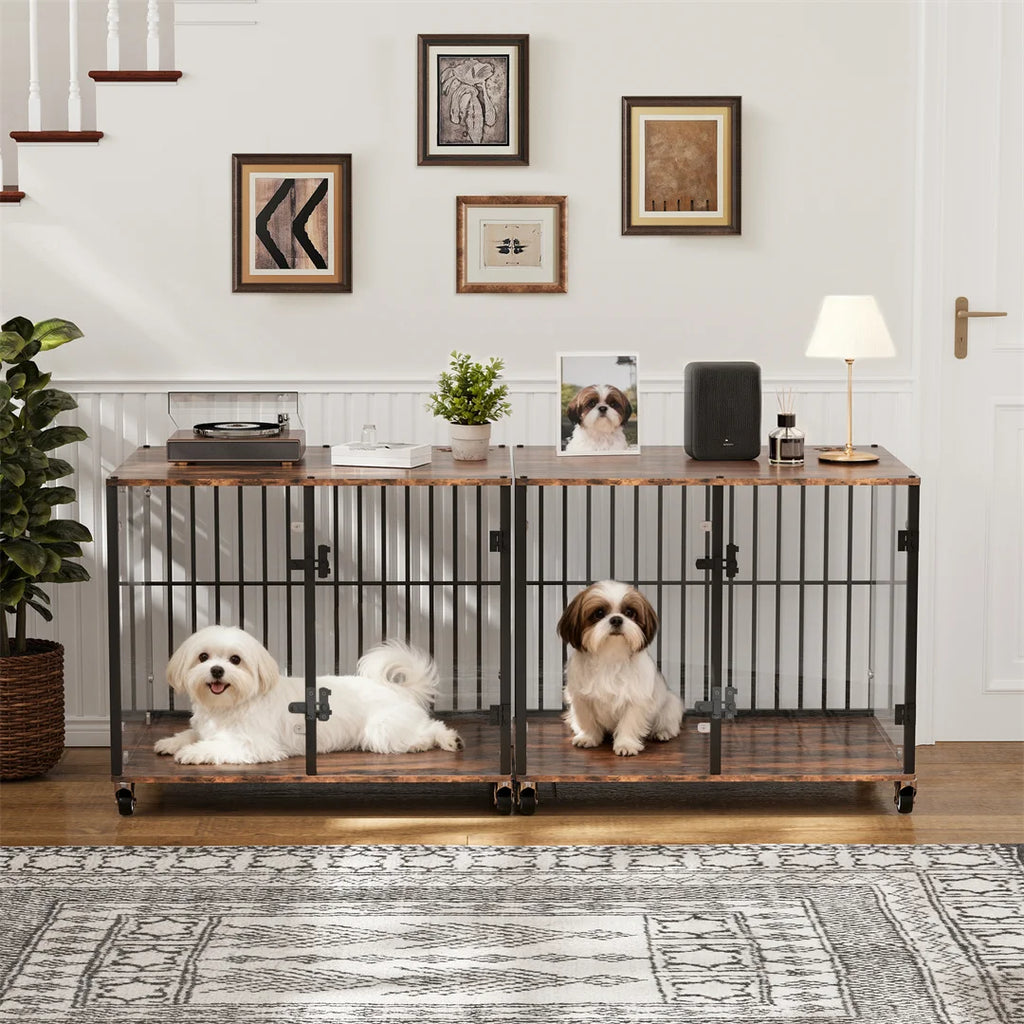 Furniture-Style Dog Kennel with Side Table and Lockable Wheels