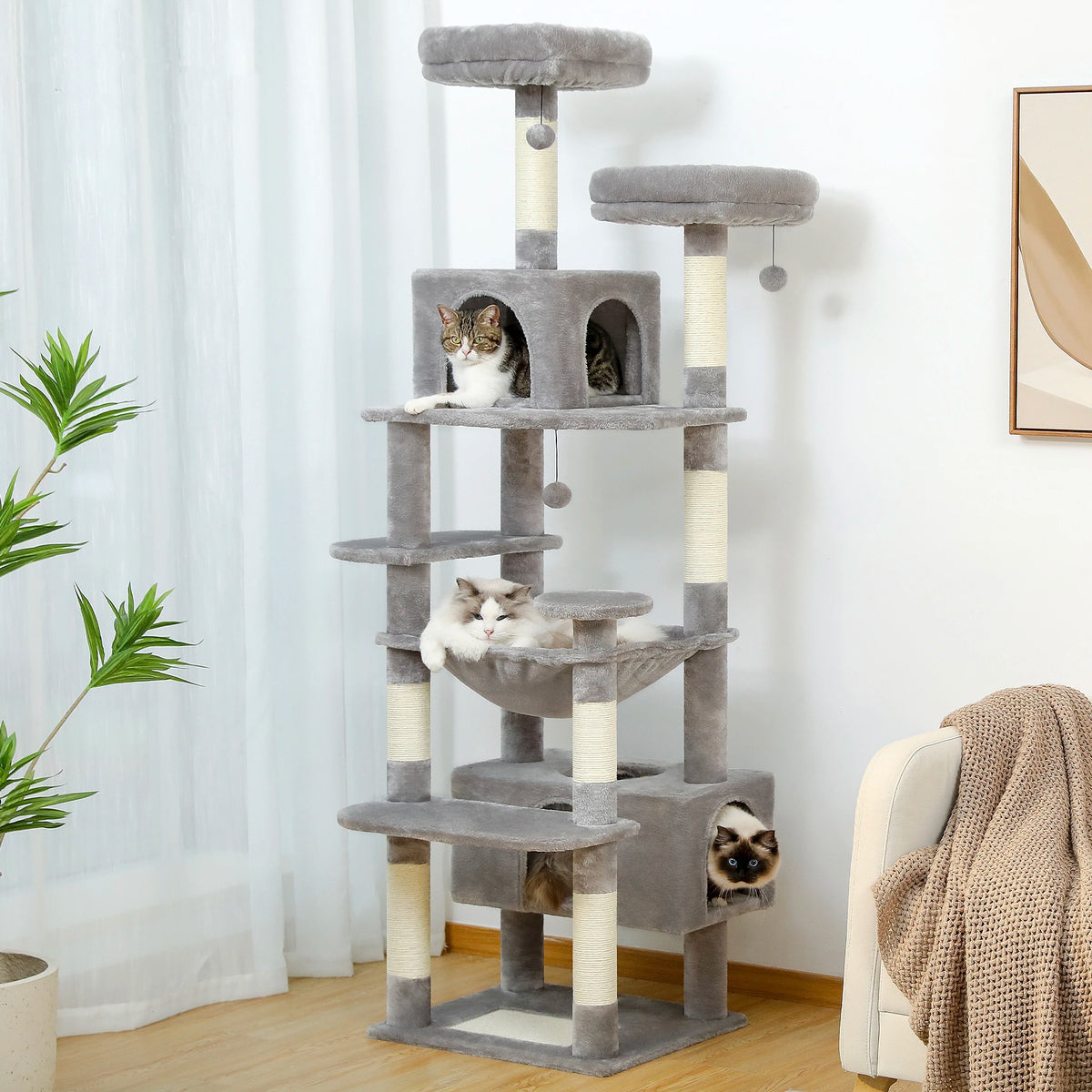 Multi-Level Cat Climbing Tower with Scratching Posts and Hammock
