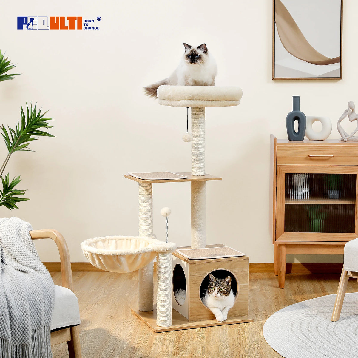 Multi-Level Indoor Cat Tower with Condo, Hammock, and Sisal Scratching Posts