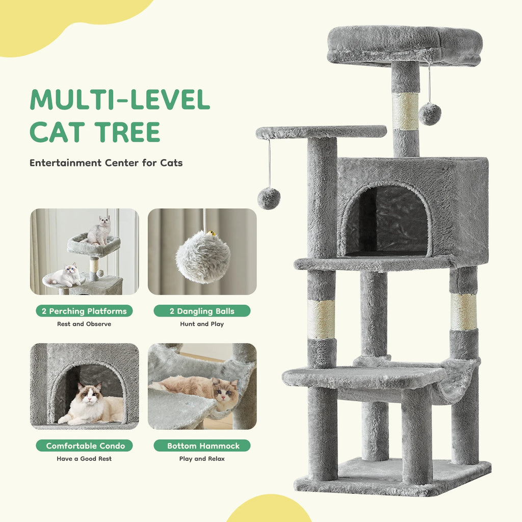 Tall Multi-Cat Climbing Tower with Condo, Hammock, and Scratching Posts
