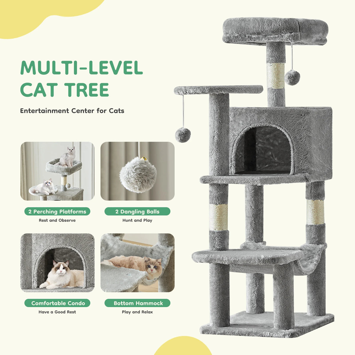 Tall Multi-Cat Climbing Tower with Condo, Hammock, and Scratching Posts