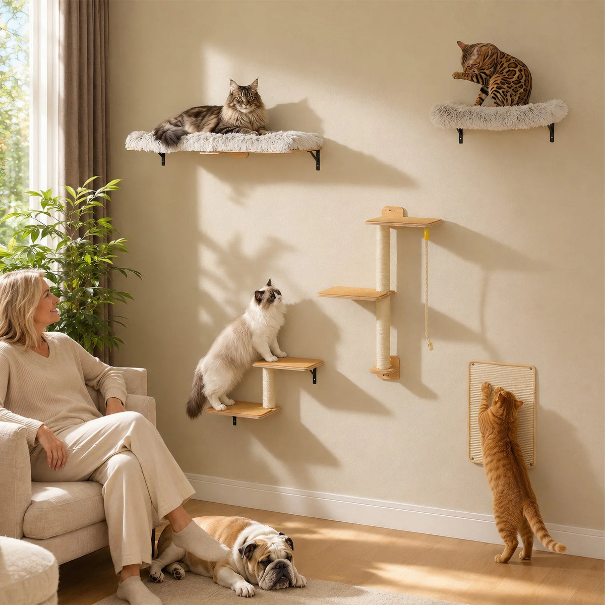 Modular Wall-Mounted Cat Climbing Set with Perches and Scratching Posts