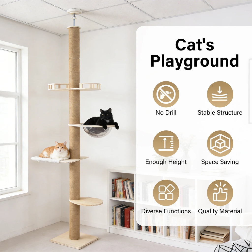 Adjustable Floor-to-Ceiling Cat Tree with Four Levels and Hammock