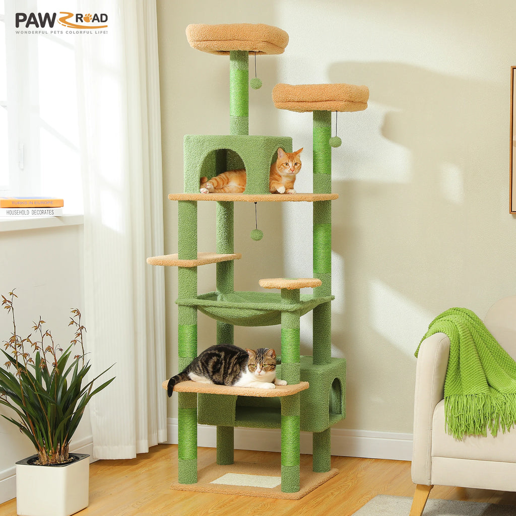 Tall Multi-Level Cat Climbing Tower with Hammock, Condos, and Sisal Scratching Posts