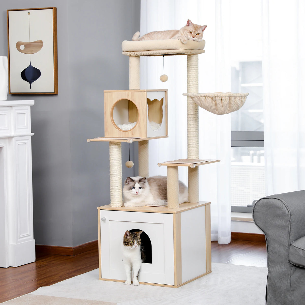 Multi-Level Cat Tower with Litter Box Enclosure and Storage Cabinet
