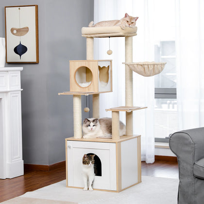 Multi-Level Cat Tower with Litter Box Enclosure and Storage Cabinet