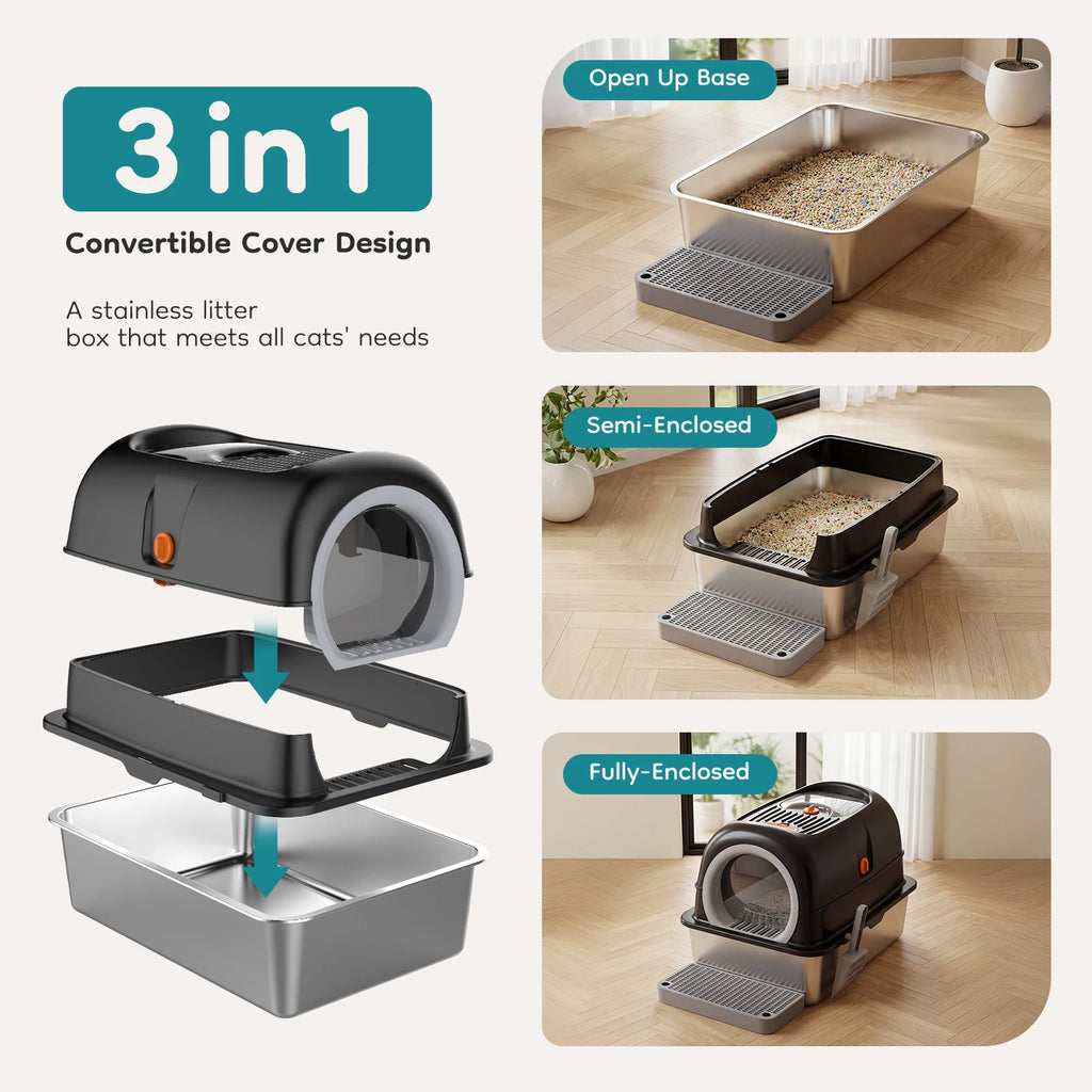 Convertible Enclosed Cat Litter Box with Dual Entry and Step Board