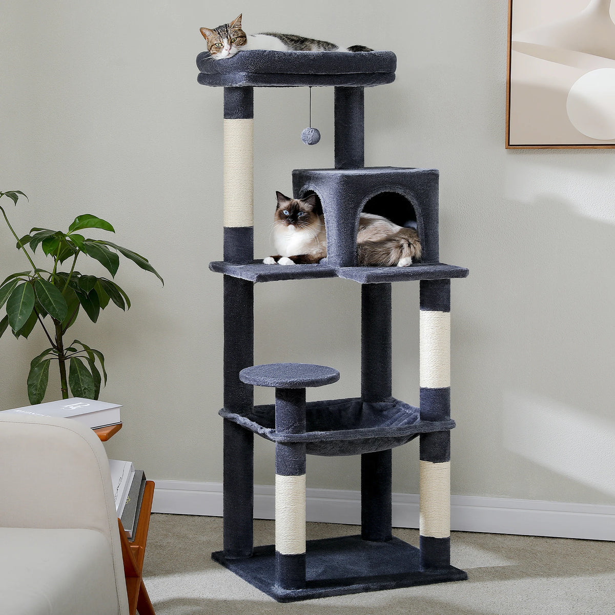 Five-Level Indoor Cat Tower with Hammock, Condo, and Top Perch