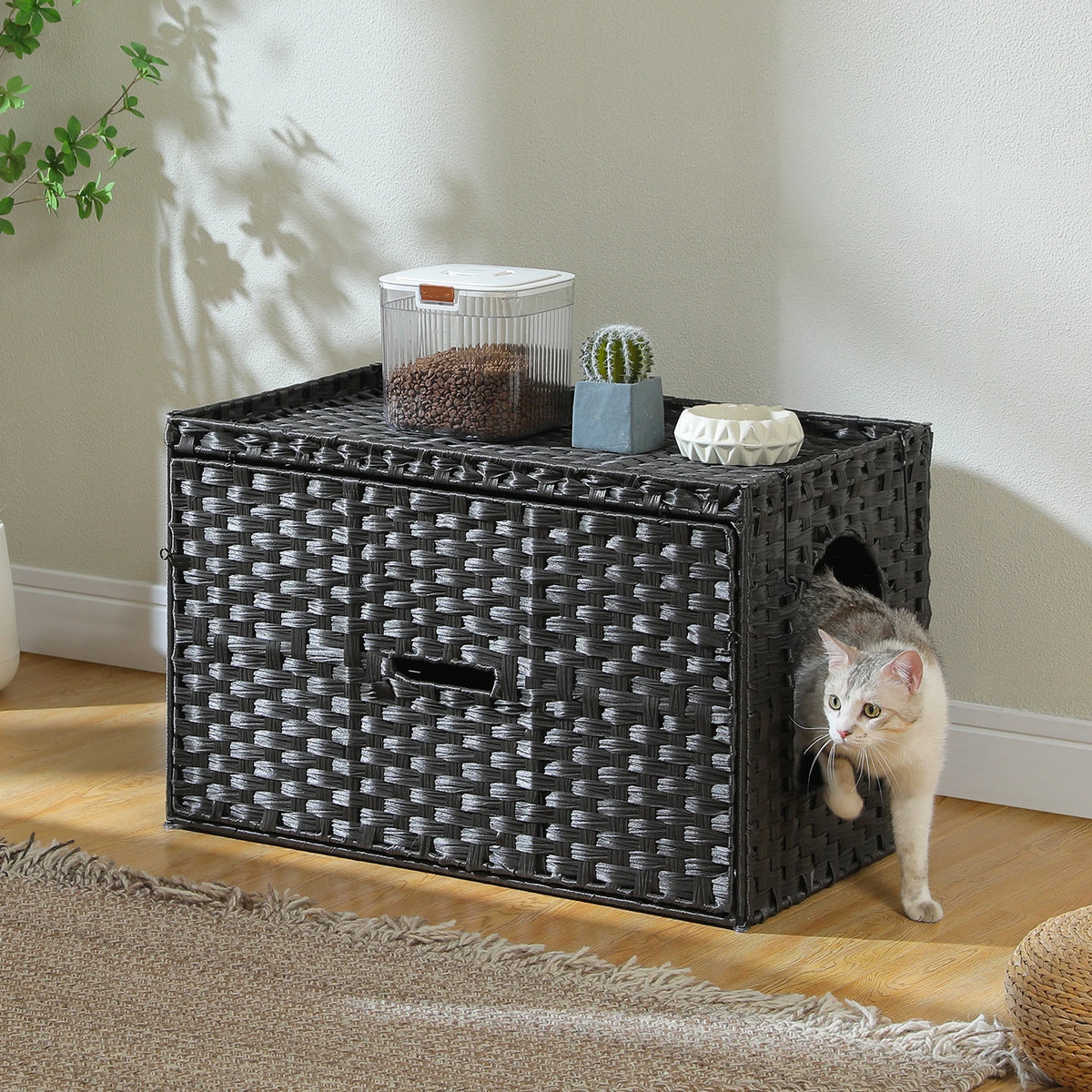 Woven Cat Litter Box Enclosure with Reversible Entrance and Flip-Up Lid