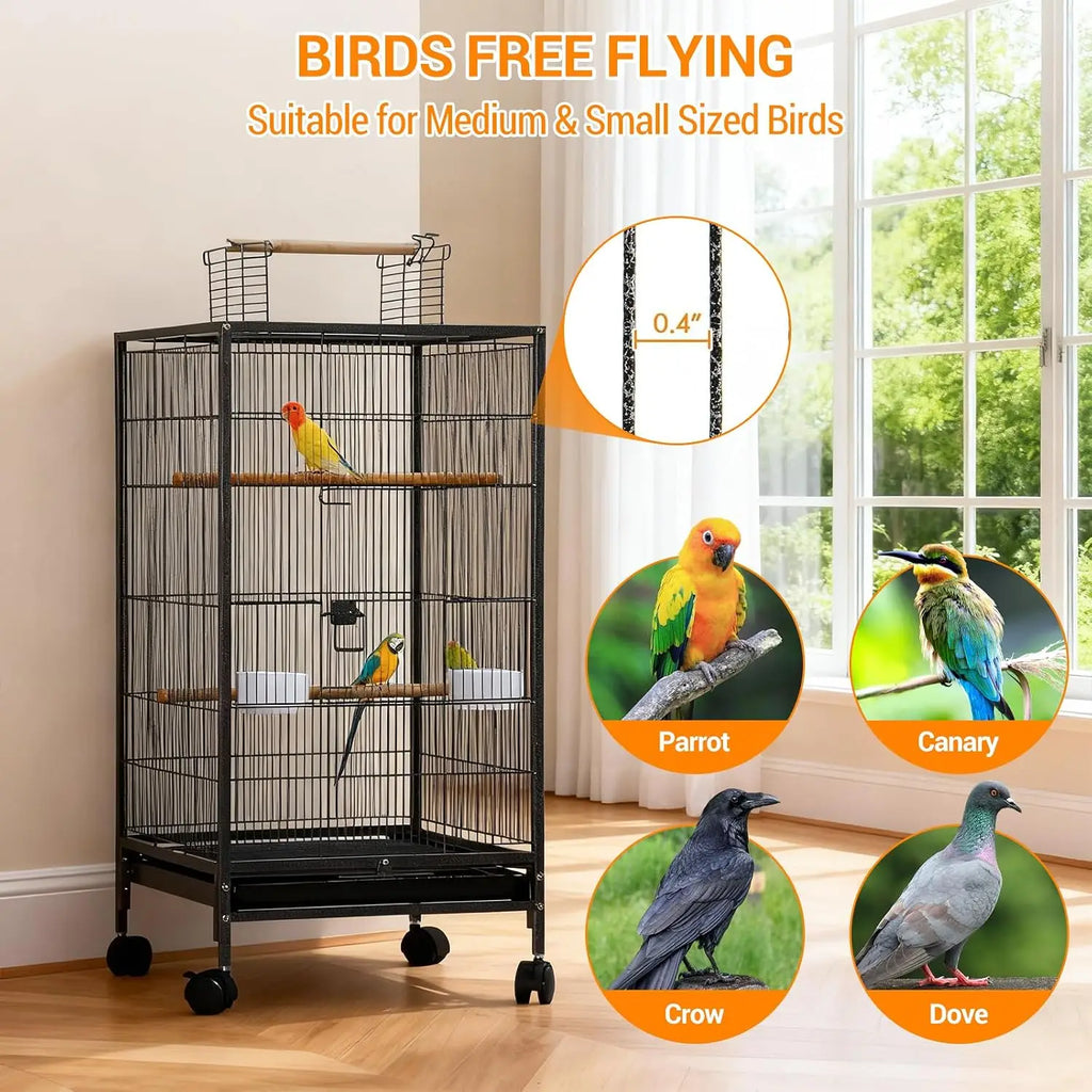 Bird Cage with Open Playtop, Perches, and Rolling Stand