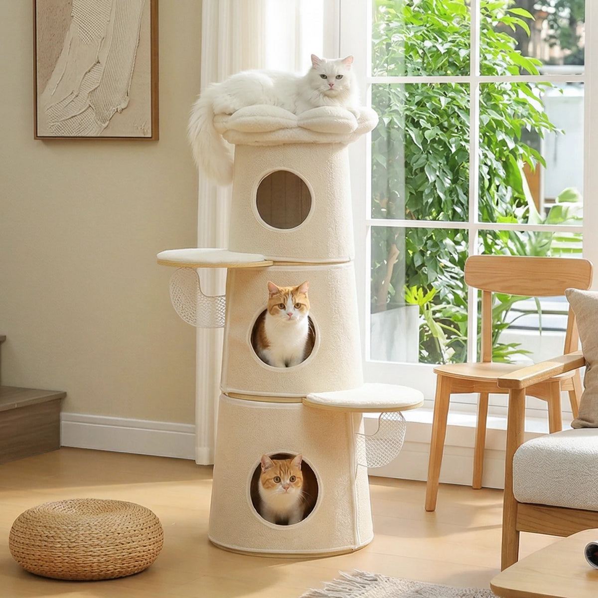 Multi-Level Indoor Cat Tower with Three Condos and Flower Perch