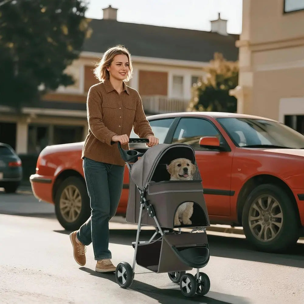 Foldable Pet Stroller with Swivel Front Wheel and Storage Basket