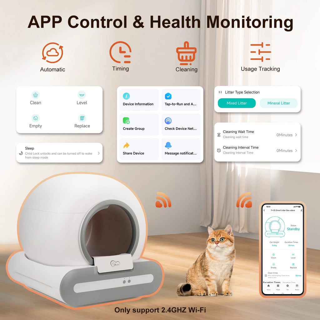 Self-Cleaning Cat Litter Box with App Control and Odor-Seal Door