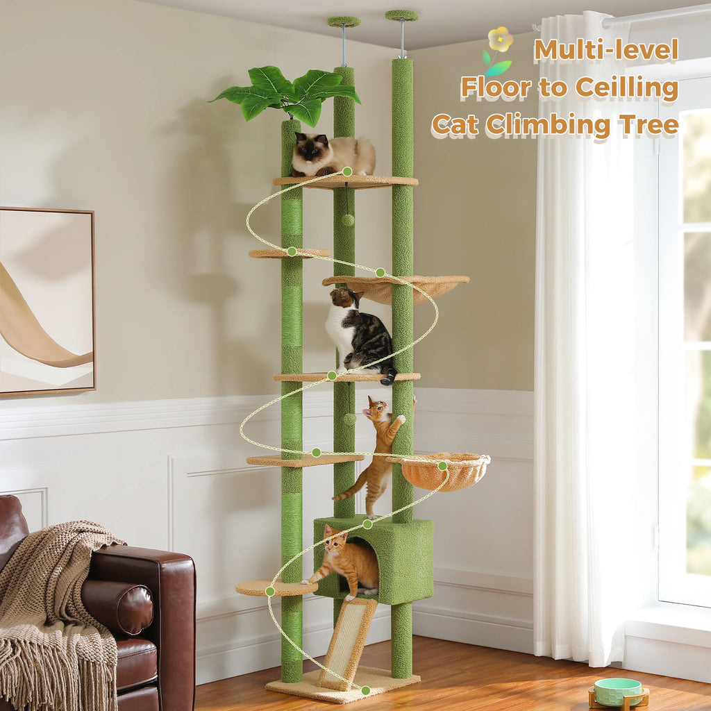 Floor-to-Ceiling Cat Tower with Cactus Design and Cozy Hammock