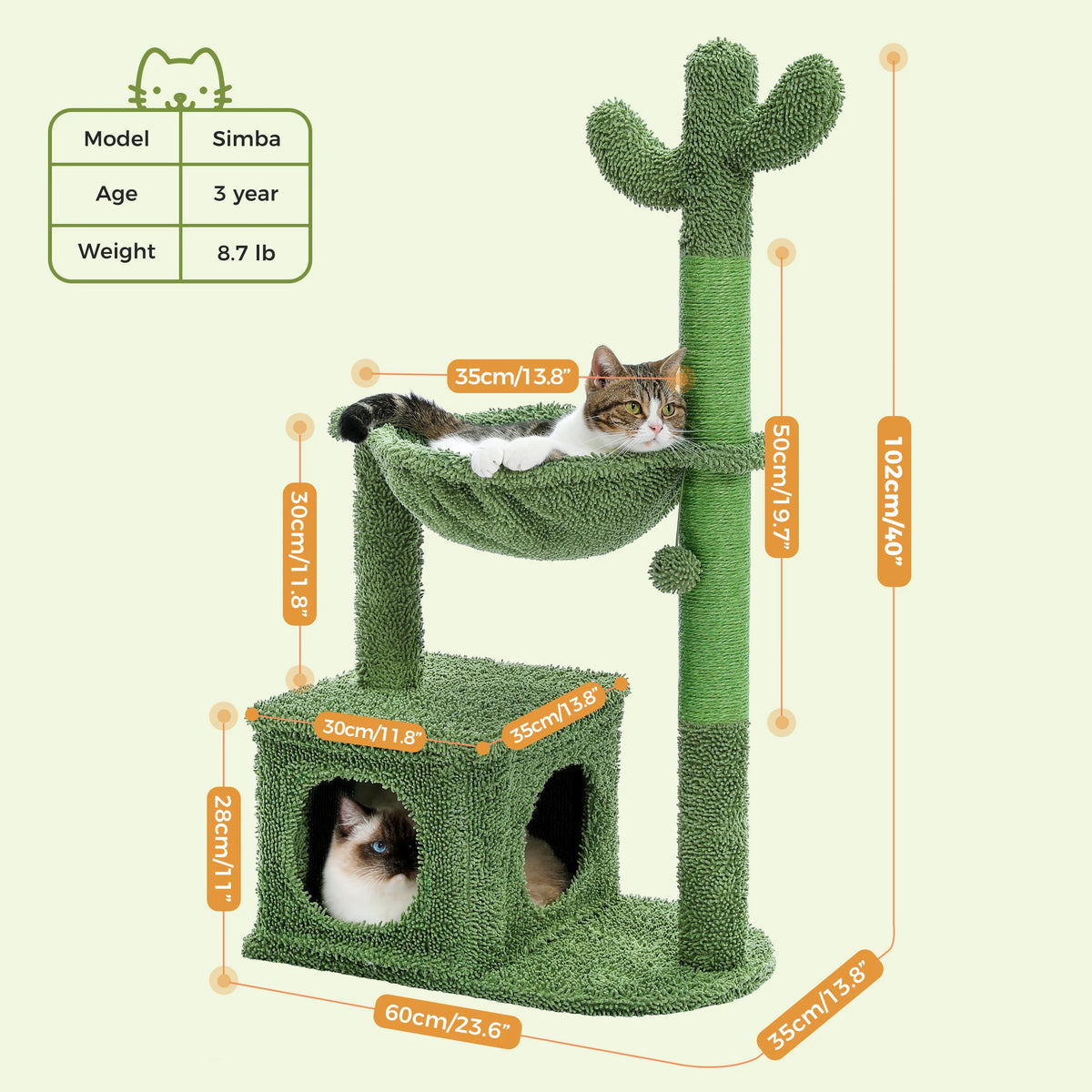 Cactus-Shaped Cat Tower with Condo, Hammock, and Scratching Post