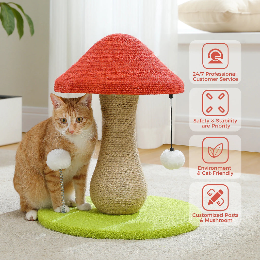 Cute Mushroom Cat Scratching Post with Sisal Surface and Pompom Toys