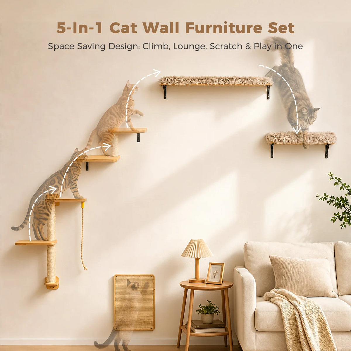 Modular Wall-Mounted Cat Climbing Set with Perches and Scratching Posts