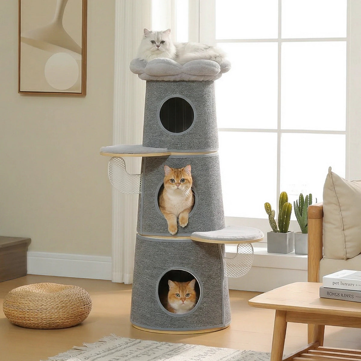 Multi-Level Indoor Cat Tower with Three Condos and Flower Perch
