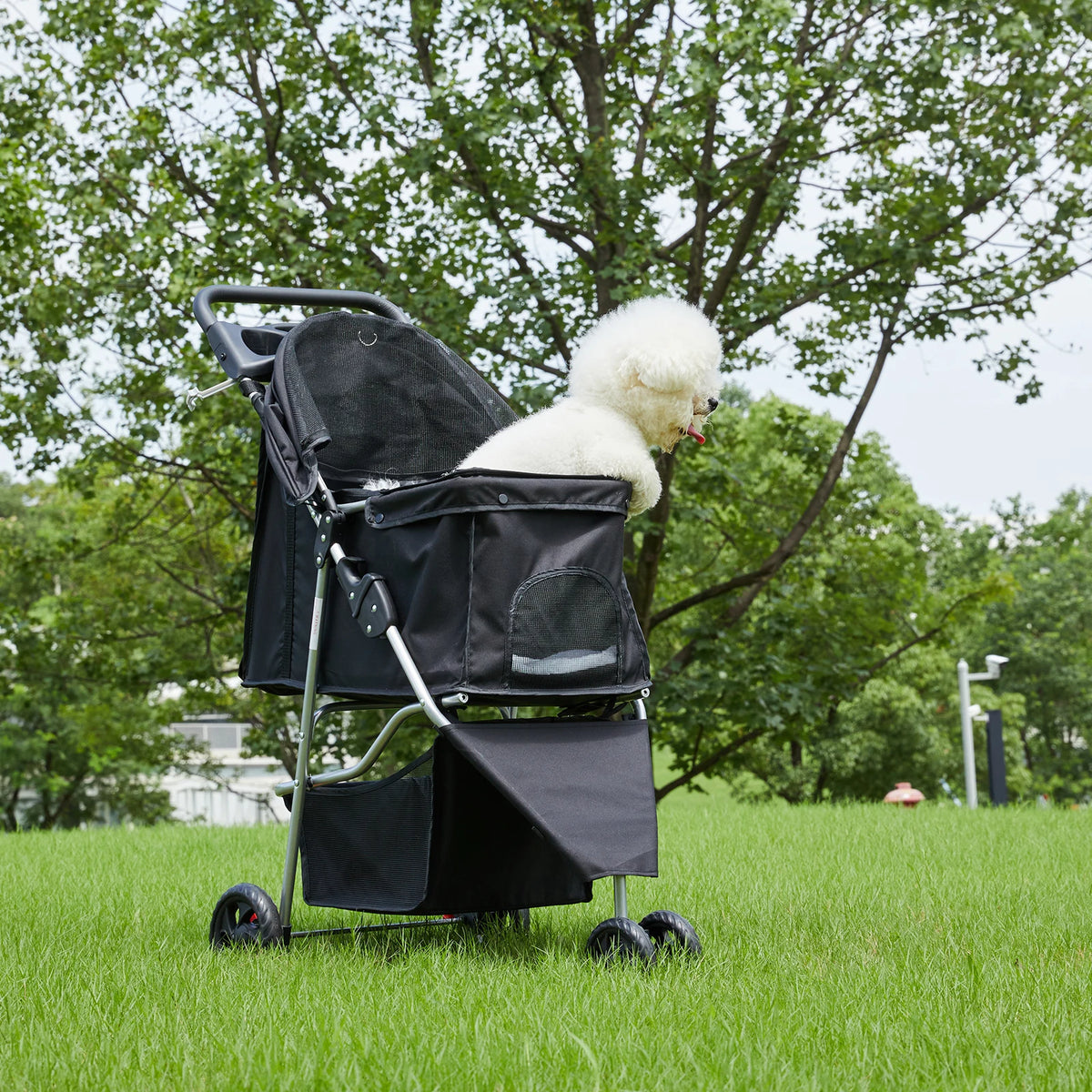 Foldable 3-Wheel Pet Stroller with Mesh Cabin, Basket, and Cup Holders